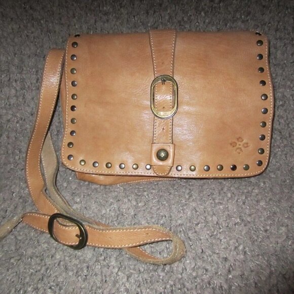PATRICIA NASH-Montov-Distressed Studded Tan Leather Xbody Messenger-Excellent - Picture 1 of 6